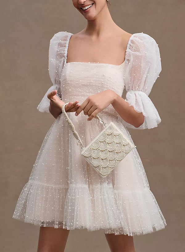 Pearl Short Reception Wedding Dresses with Bubble Sleeves, White-Nude / 8