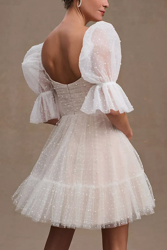 Pearl Short Reception Wedding Dresses With Bubble Sleeves