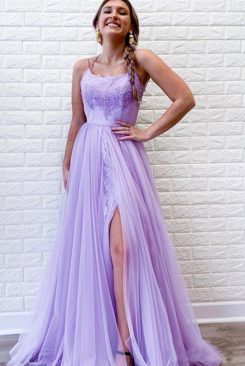 A Line Purple Backless Tulle Long Prom Dress