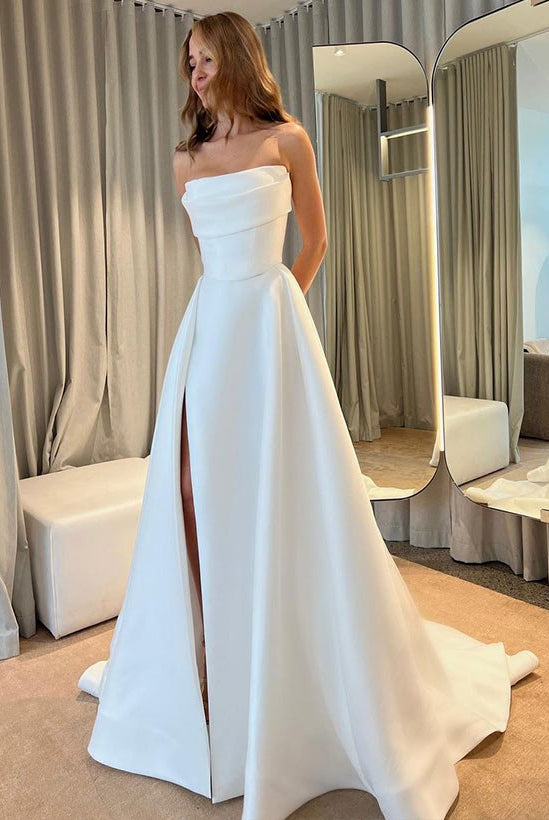 Ball-Gown Strapless Sleeveless Sweep Train Satin Wedding Dresses With Split Front