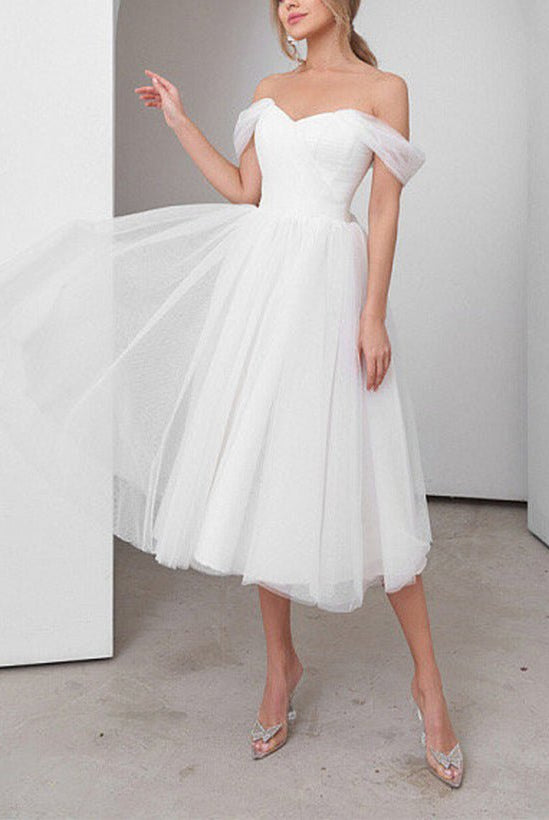 Sweet A-Line Off-The-Shoulder Little White Tulle Wedding Dresses