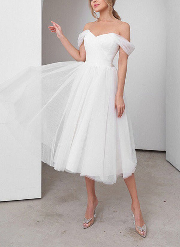 Sweet A-Line Off-The-Shoulder Little White Tulle Wedding Dresses