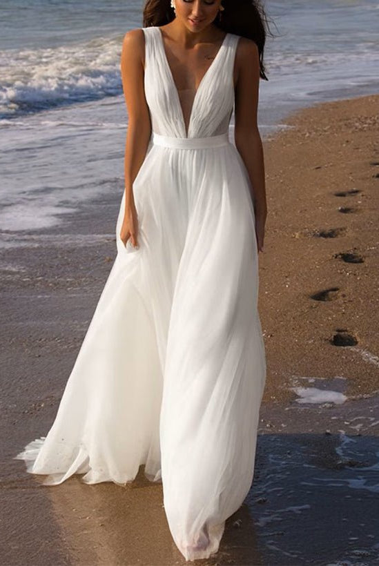 A-Line Deep V-neck Sleeveless Sweep Train Tulle Beach Wedding Dresses