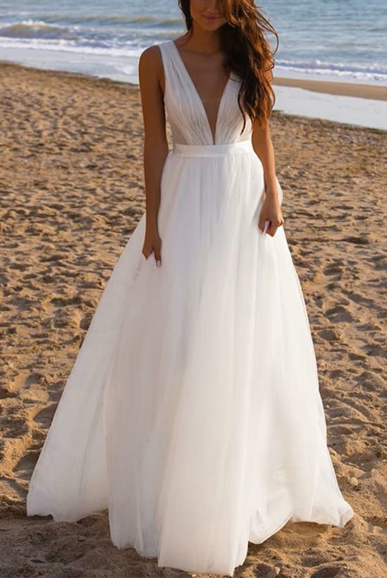 A-Line Deep V-neck Sleeveless Sweep Train Tulle Beach Wedding Dresses