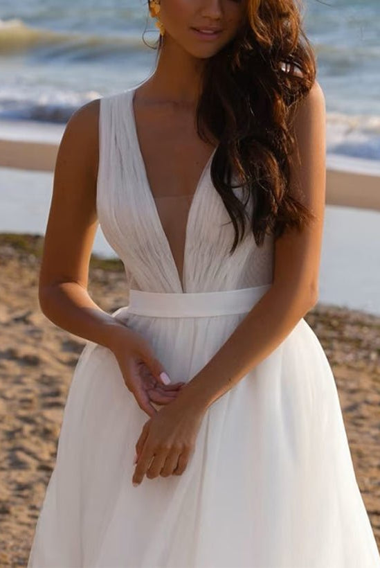 A-Line Deep V-neck Sleeveless Sweep Train Tulle Beach Wedding Dresses