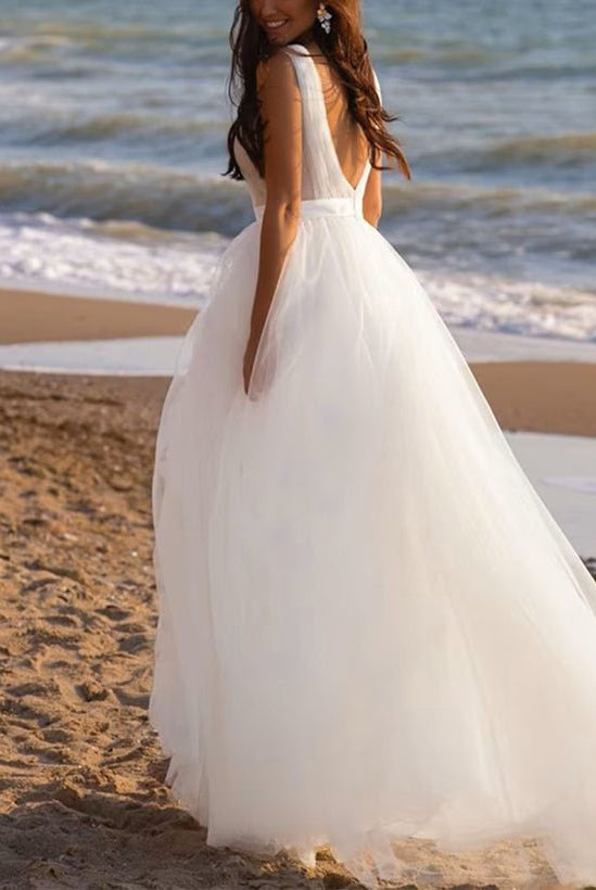 A-Line Deep V-neck Sleeveless Sweep Train Tulle Beach Wedding Dresses