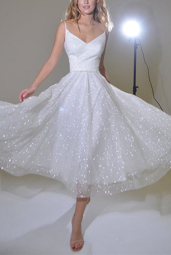 Shiny A-Line V-Neck Sleeveless Little White Sequined Wedding Dresses