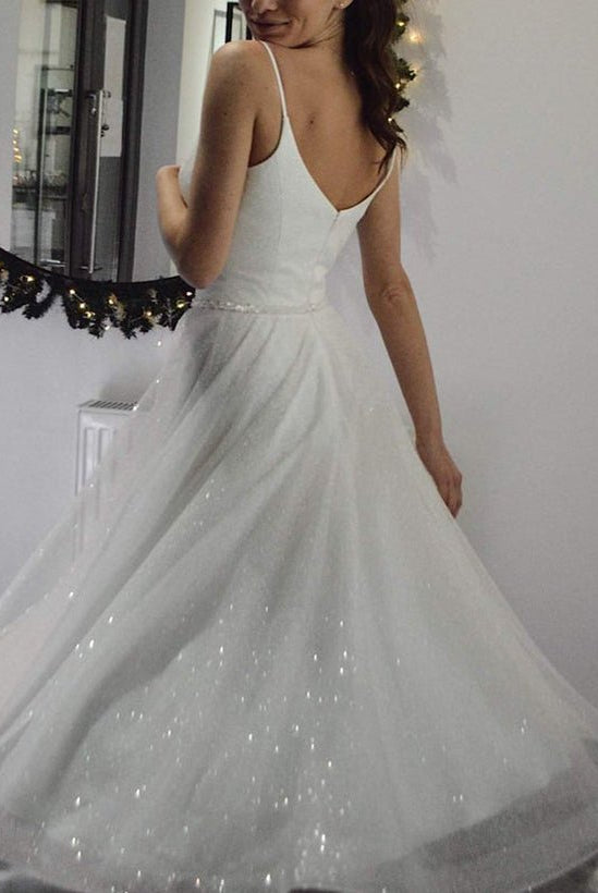 Shiny A-Line V-Neck Sleeveless Little White Sequined Wedding Dresses