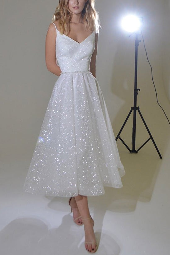 Shiny A-Line V-Neck Sleeveless Little White Sequined Wedding Dresses