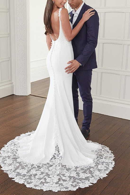 Quilla | Trumpet Mermaid Square Neckline Lace Elastic Satin Wedding Dresses