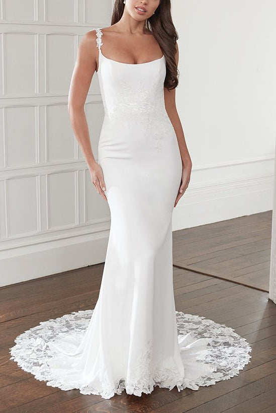 Quilla | Trumpet Mermaid Square Neckline Lace Elastic Satin Wedding Dresses