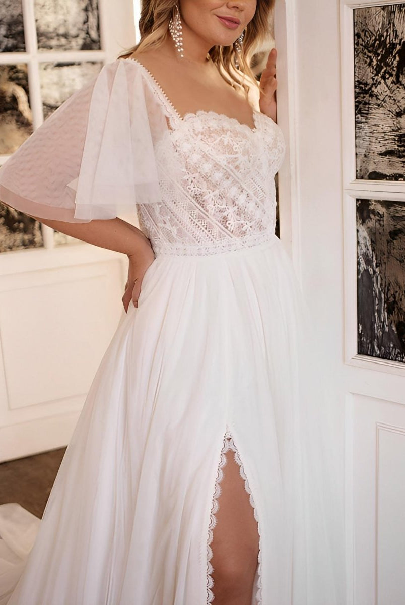 Plus Size Sweetheart Short Sleeves Sweep Train Chiffon Wedding Dresses