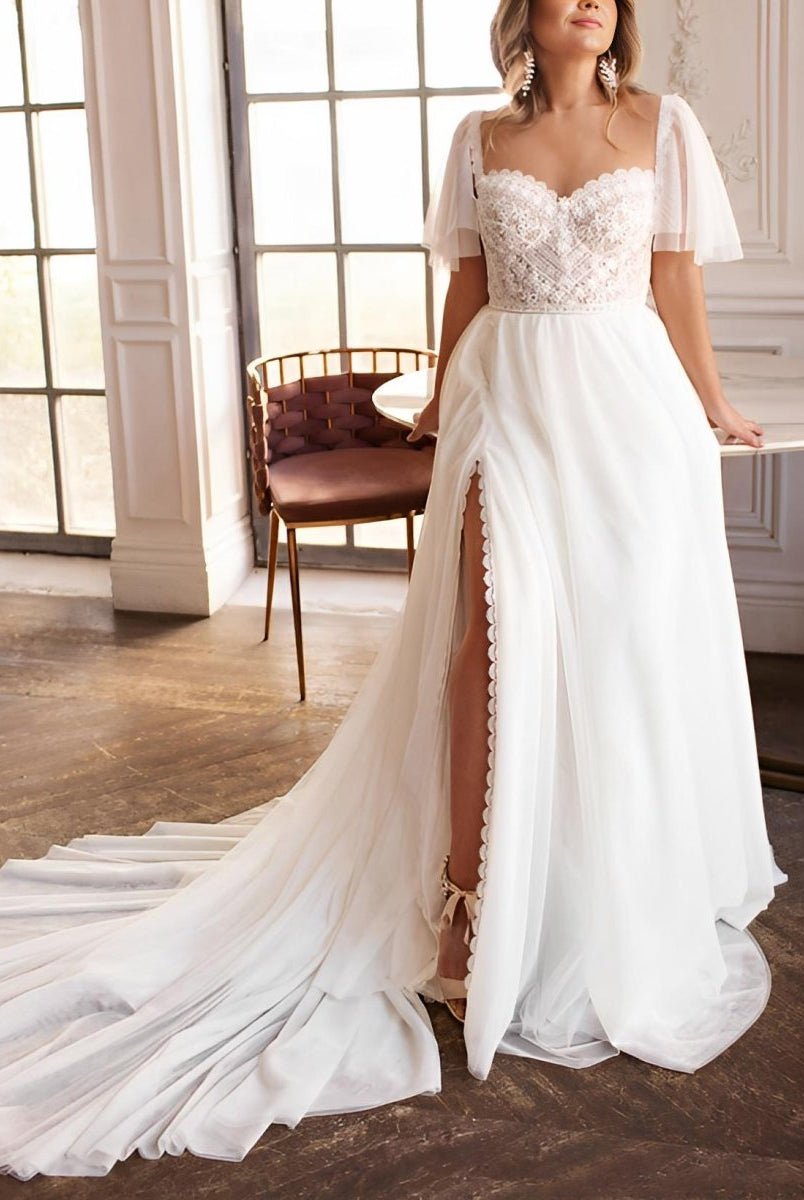 Plus Size Sweetheart Short Sleeves Sweep Train Chiffon Wedding Dresses