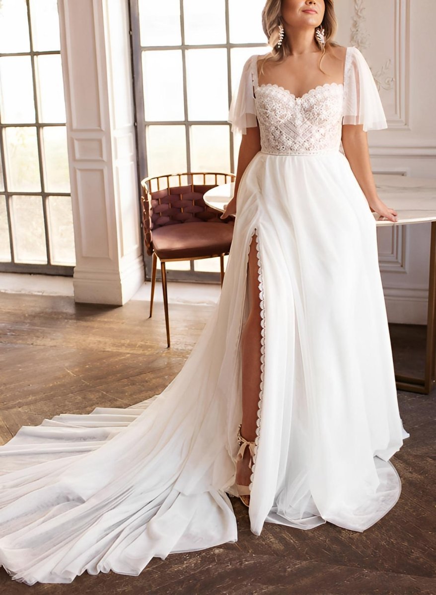Plus Size Sweetheart Short Sleeves Sweep Train Chiffon Wedding Dresses