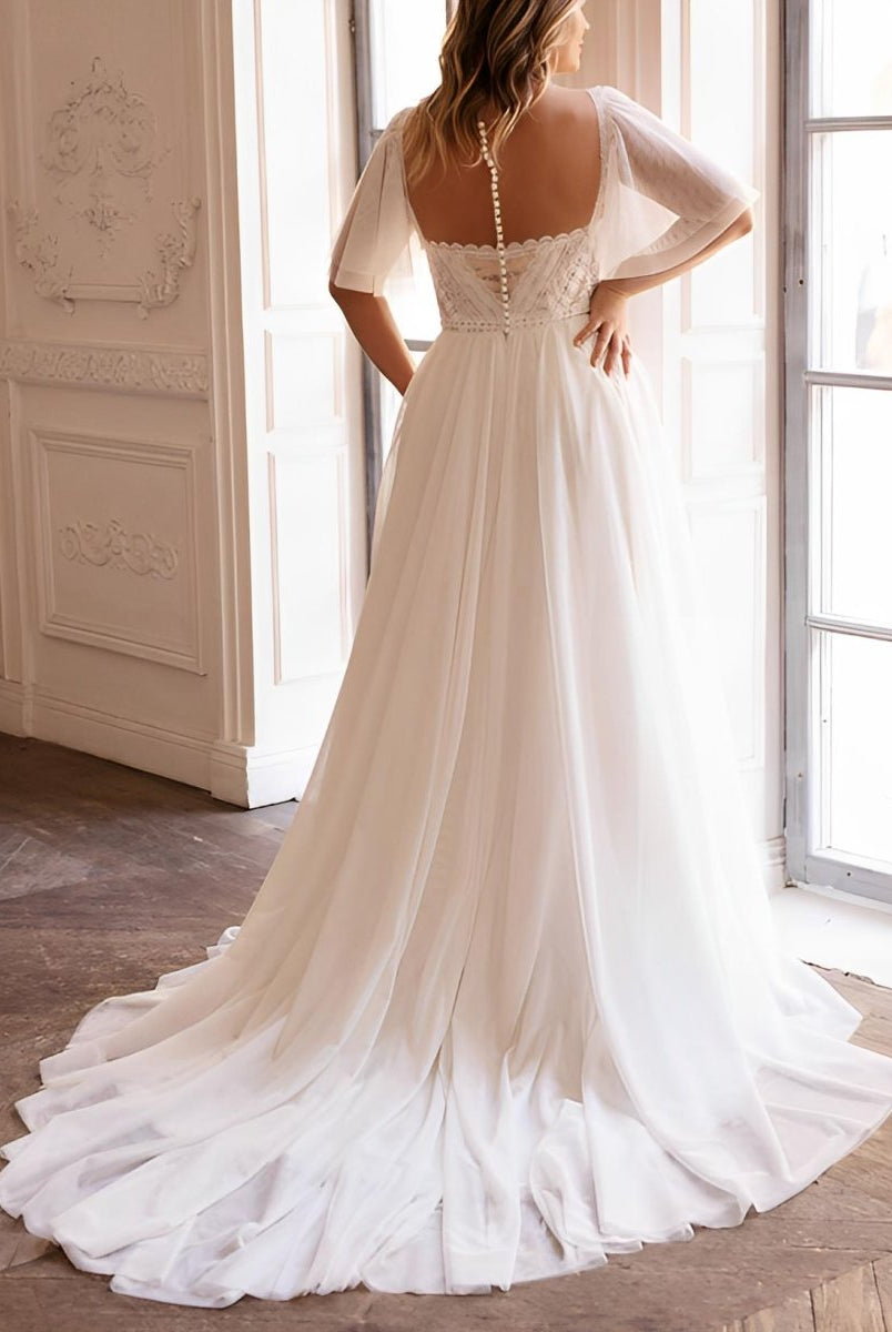 Plus Size Sweetheart Short Sleeves Sweep Train Chiffon Wedding Dresses