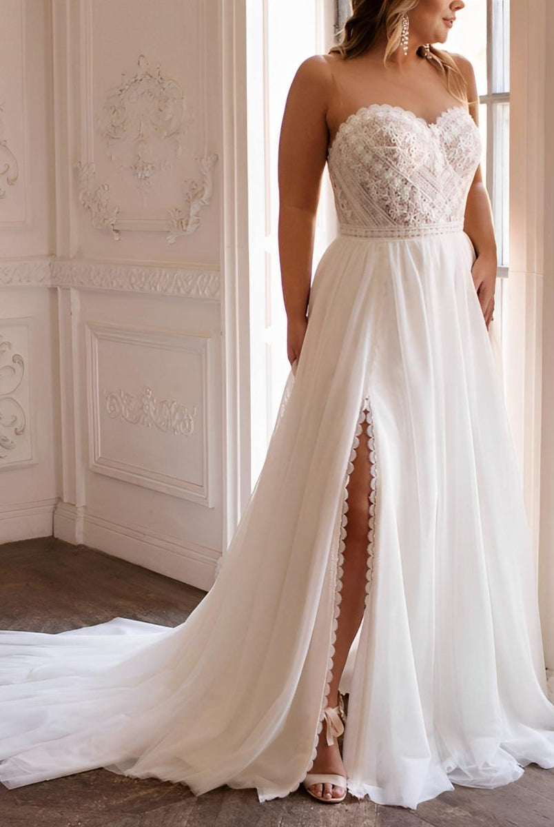 Plus Size Sweetheart Short Sleeves Sweep Train Chiffon Wedding Dresses