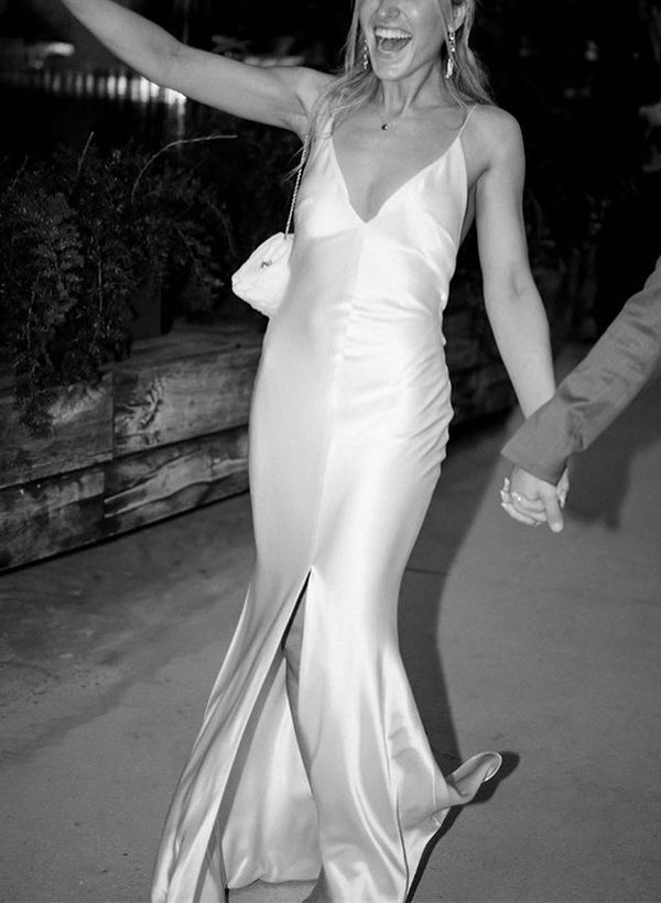 Sheath/pillar thin shoulder strap V-neck wedding dress