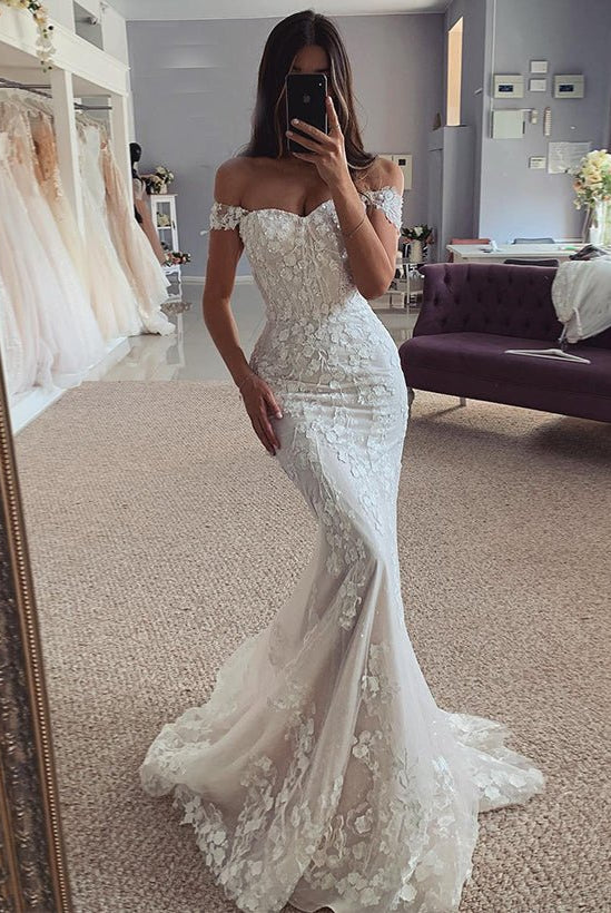 Mermaid Off - The - Shoulder Sleeveless Lace Wedding Dresses - KissProm
