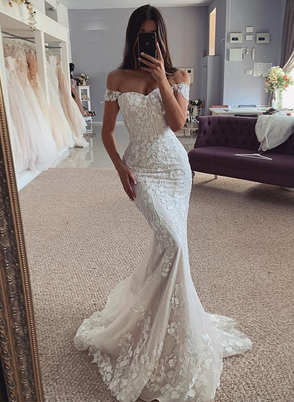 Mermaid Off - The - Shoulder Sleeveless Lace Wedding Dresses - KissProm