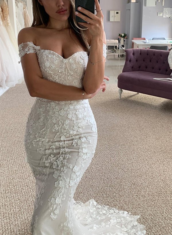 Mermaid Off - The - Shoulder Sleeveless Lace Wedding Dresses - KissProm