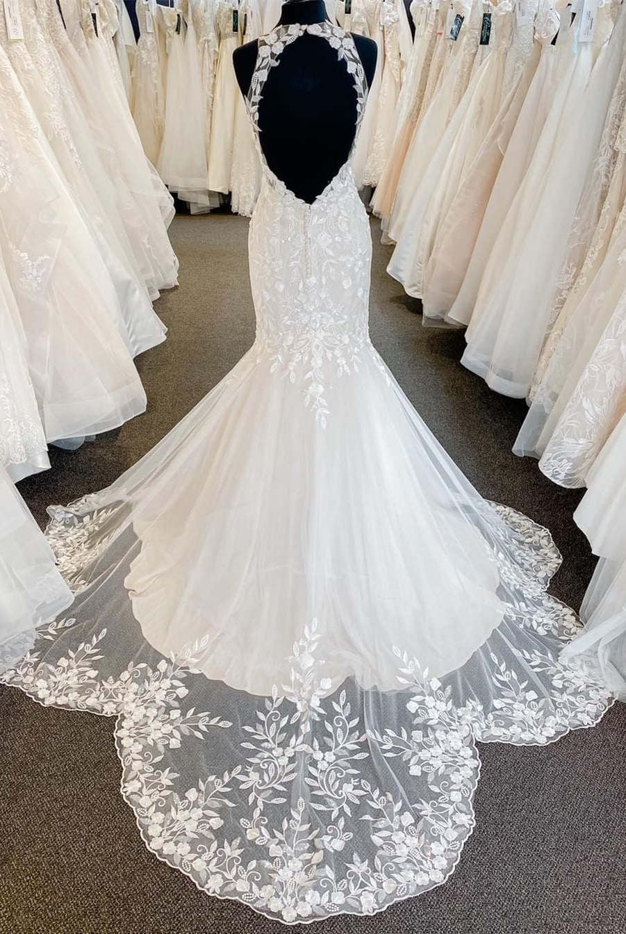 Halter Appliqued White-Nude Mermaid Lace Wedding Dress