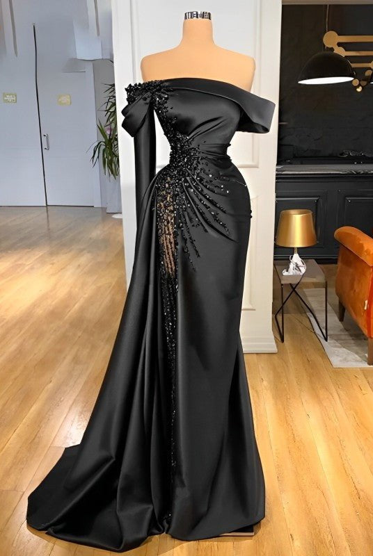 Sheath Off-The-Shoulder Long Sleeves Satin/Sequined Prom Dresses