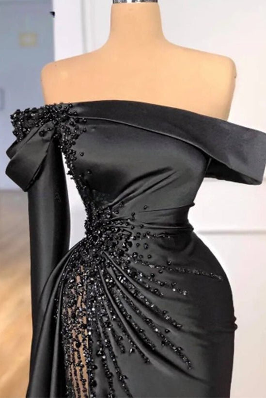 Sheath Off-The-Shoulder Long Sleeves Satin/Sequined Prom Dresses