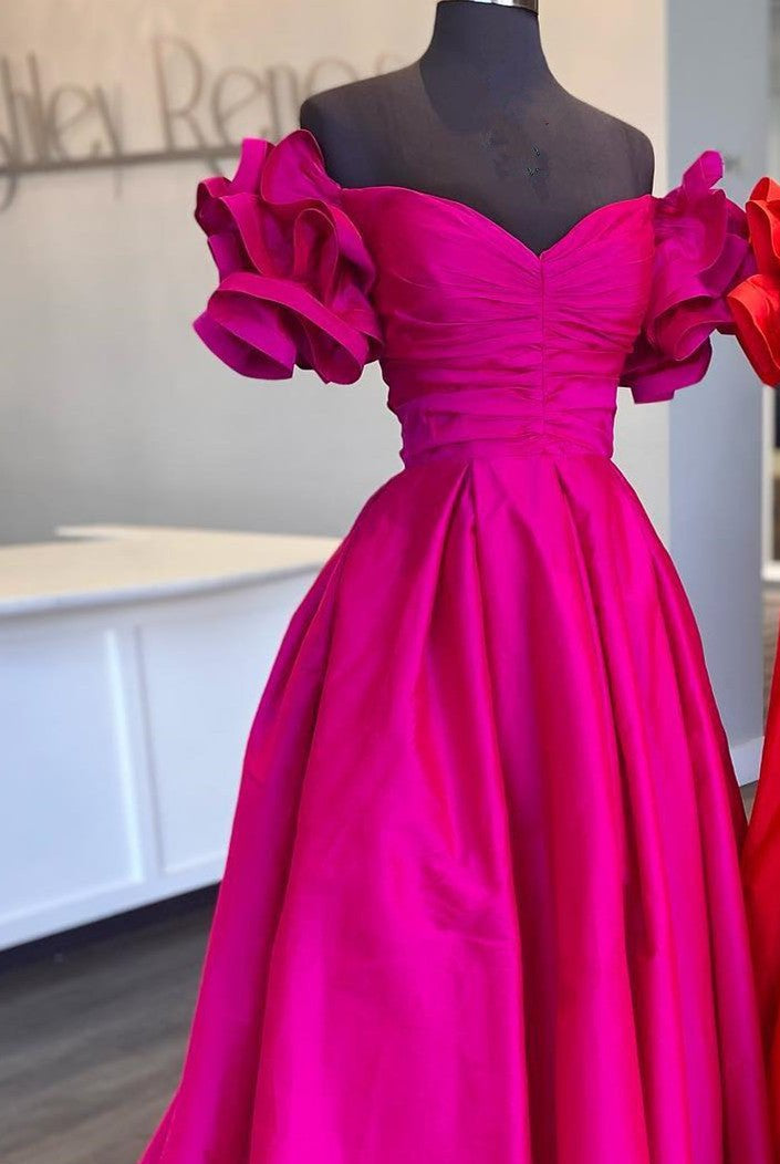 A - Line Yellow Off - the - Shoulder Ruffled Sleeve Prom Dresses - KissProm