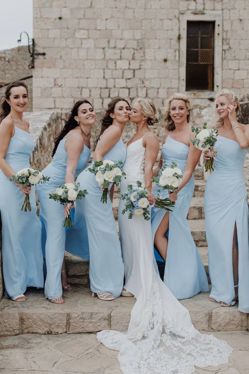 Sheath One Shoulder Light Blue Chiffon Slit Bridesmaid Dress - KissProm