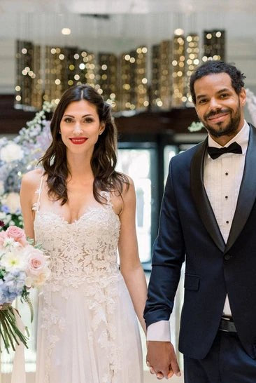 Spaghetti A-Line Lace Bohemian Wedding Dress With Open Back And Split Front