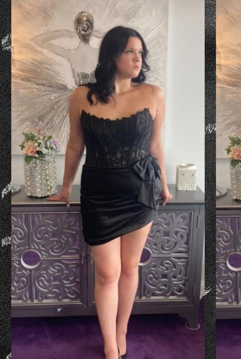 Strapless Red Ruched Tight Short Dress with Bow - KissProm