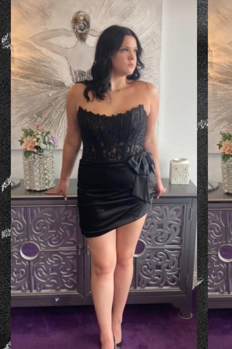 Strapless Red Ruched Tight Short Dress with Bow - KissProm