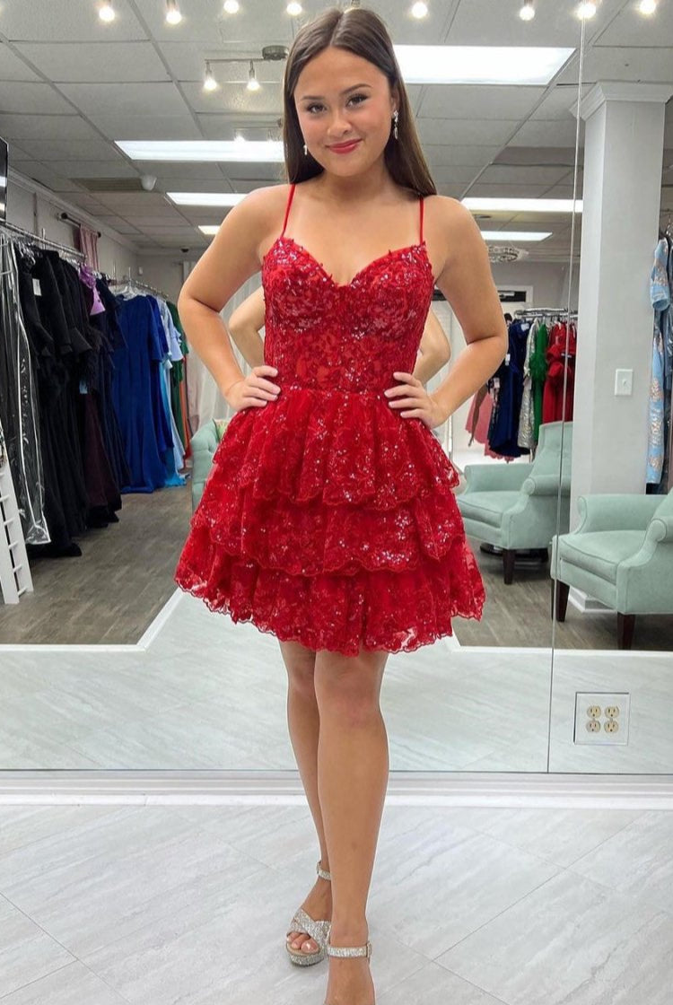 Reana | A- Line Sky Blue Sequins Multi-Layers Short Homecoming Dress