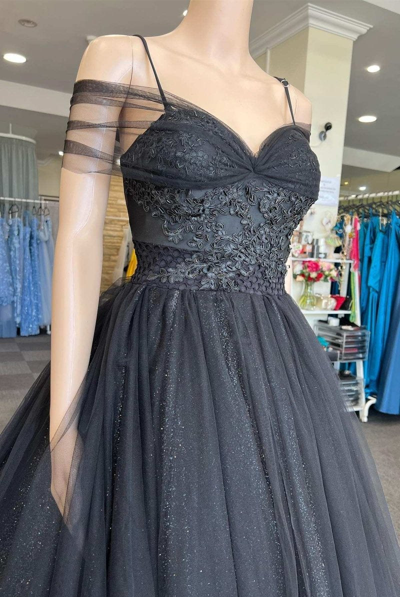 Princess Black Tulle Cold - Shoulder Long Prom Gown - KissProm