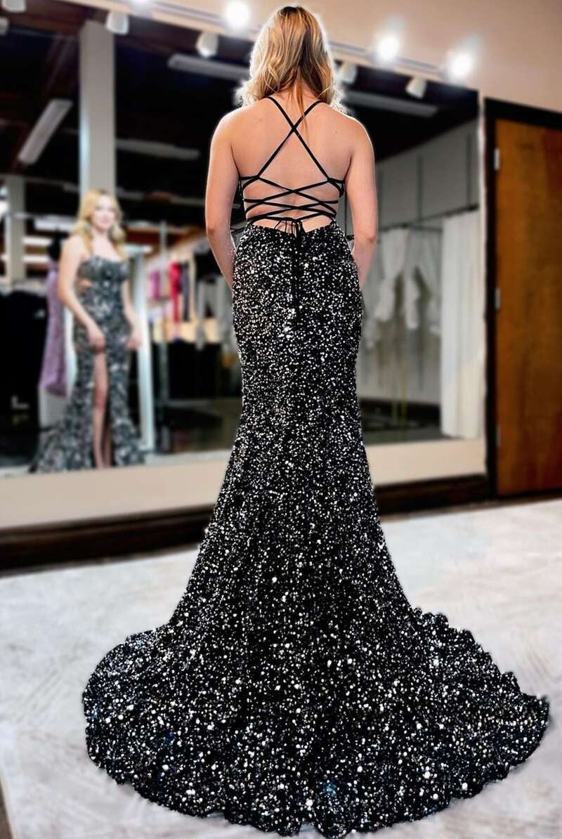 Sequin Lace-Up Back Mermaid Long Prom Gown with Slit