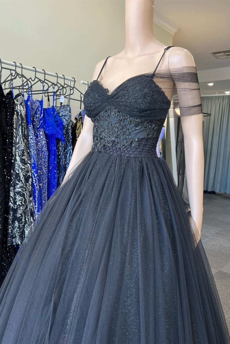 Princess Black Tulle Cold - Shoulder Long Prom Gown - KissProm