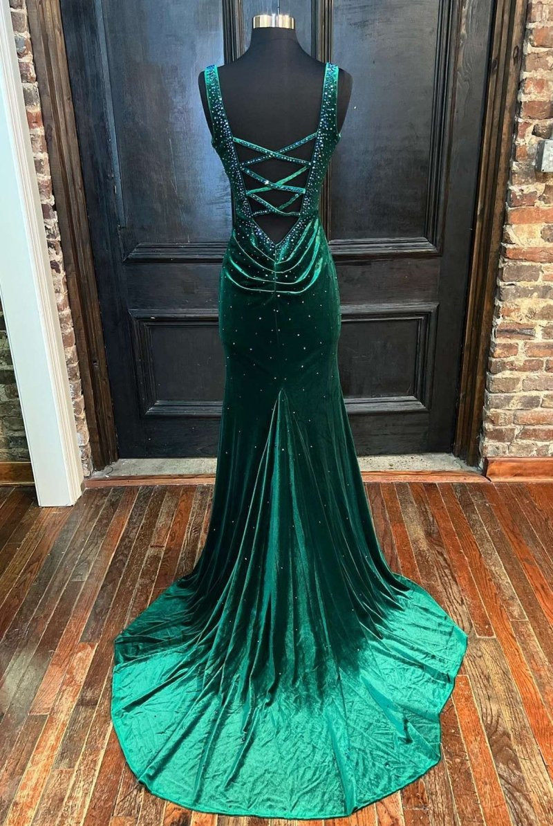 Emerald Velvet V - Neck Cutout Back Mermaid Long Formal Dress - KissProm