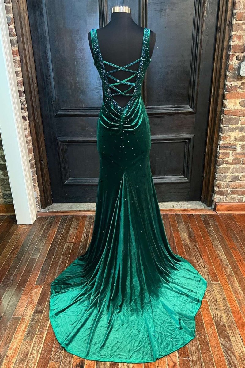 Emerald Velvet V - Neck Cutout Back Mermaid Long Formal Dress - KissProm