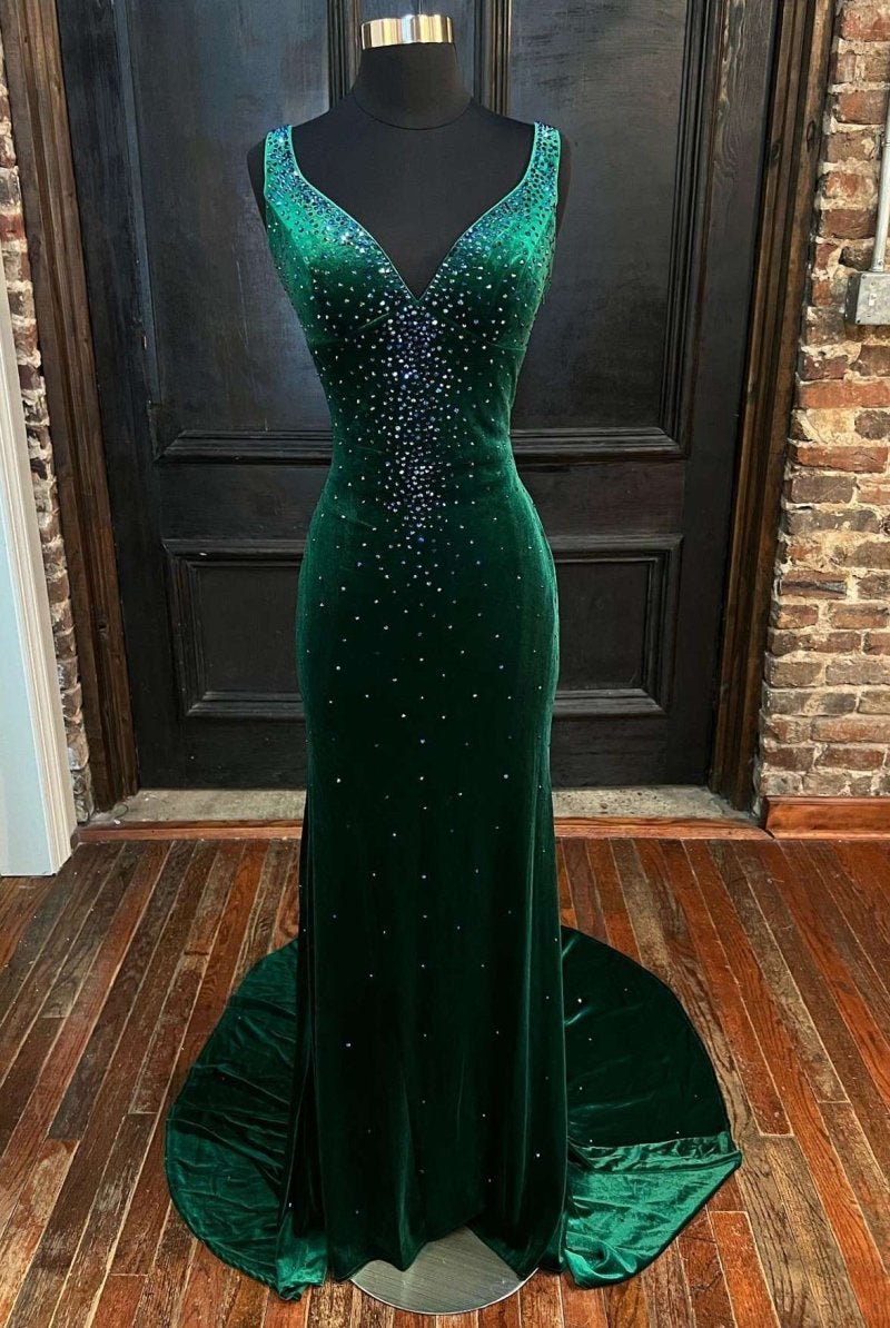 Emerald Velvet V - Neck Cutout Back Mermaid Long Formal Dress - KissProm
