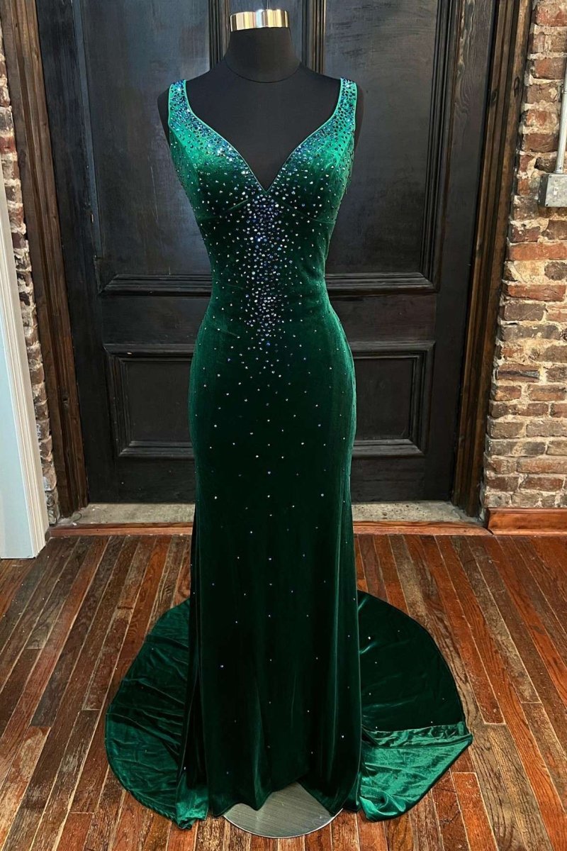 Emerald Velvet V - Neck Cutout Back Mermaid Long Formal Dress - KissProm