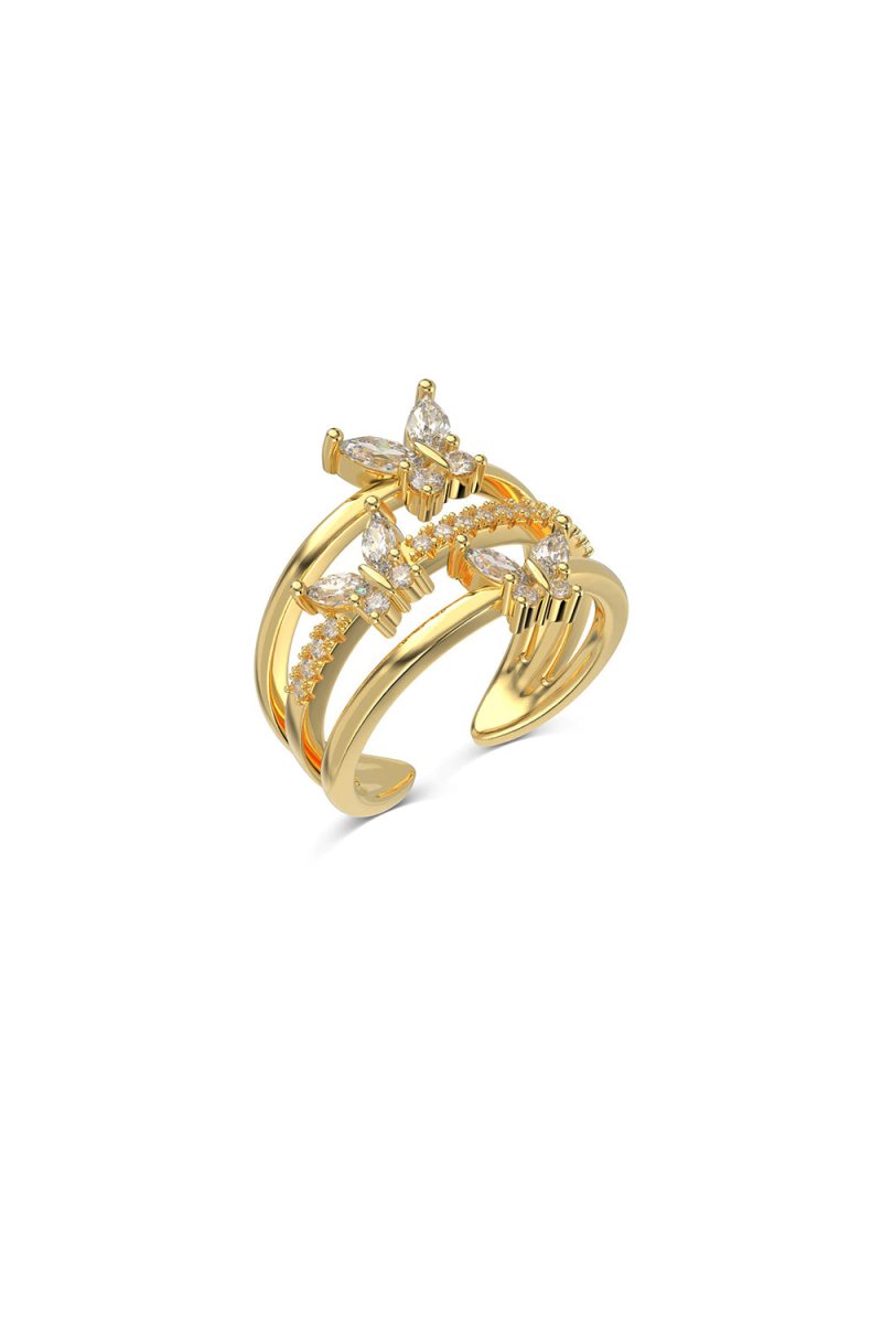18k Gold Plated Butterfly Adjustable Triple Wrap Open Ring