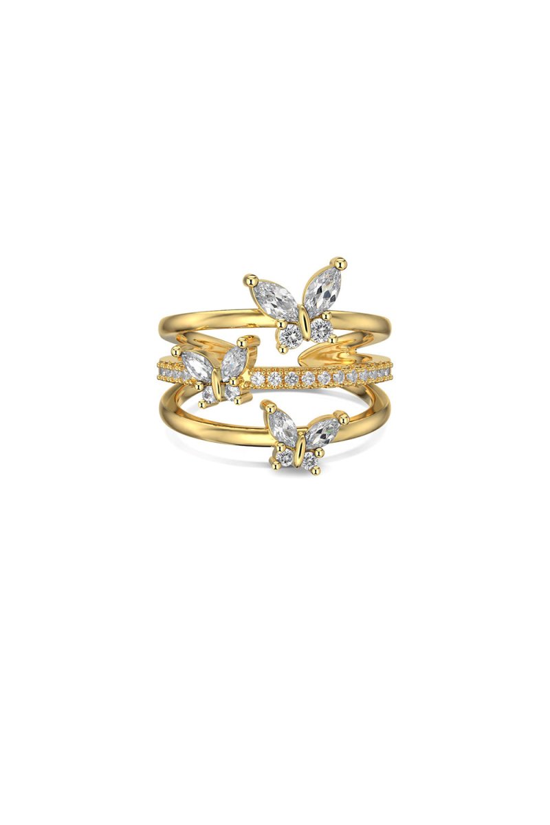 18k Gold Plated Butterfly Adjustable Triple Wrap Open Ring