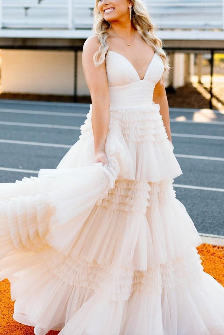 Amanda| A-Line Spaghetti Straps Long Tiered Tulle Prom Dress With Split