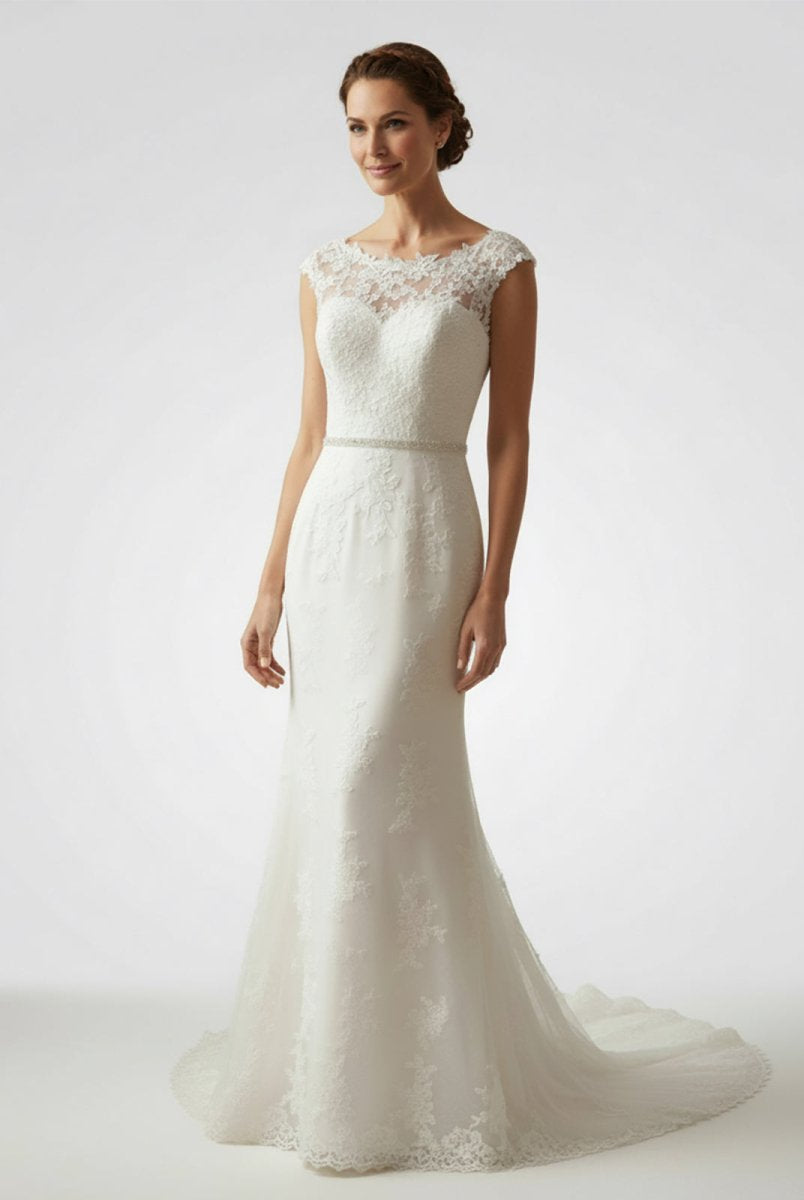 Bateau Neck Cap Sleeve Fit and Flare Lace Wedding Dress - KissProm