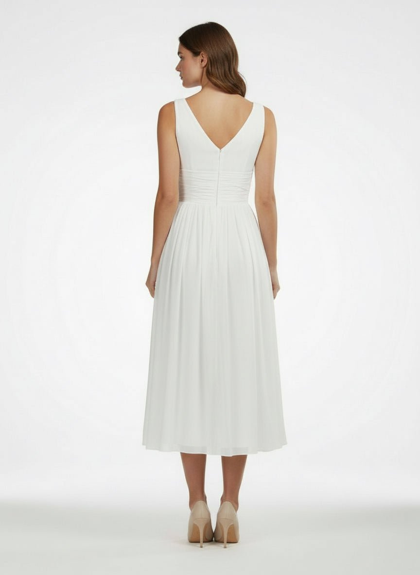 V - Neck Sleeveless Tea - Length Chiffon Wedding Dress With Ruching And Low - V Back - KissProm