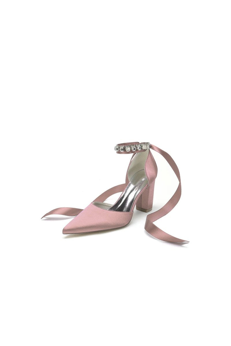 Rhinestone Ribbon Pointed Toe Ankle Strap Chunky Heel - KissProm