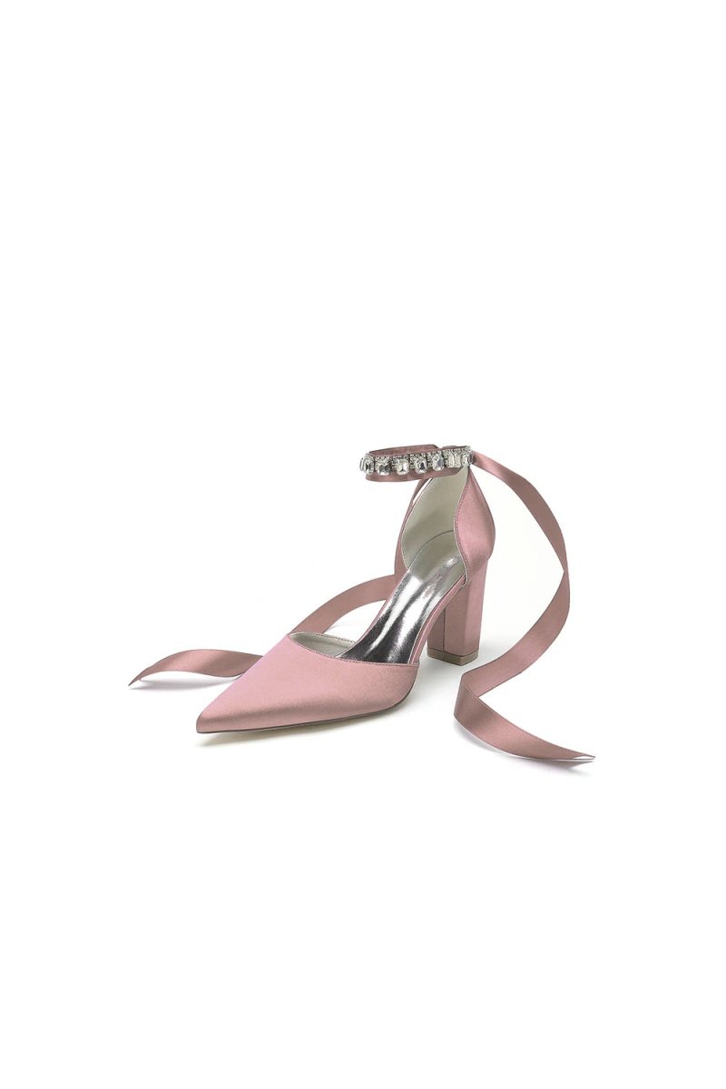 Rhinestone Ribbon Pointed Toe Ankle Strap Chunky Heel - KissProm
