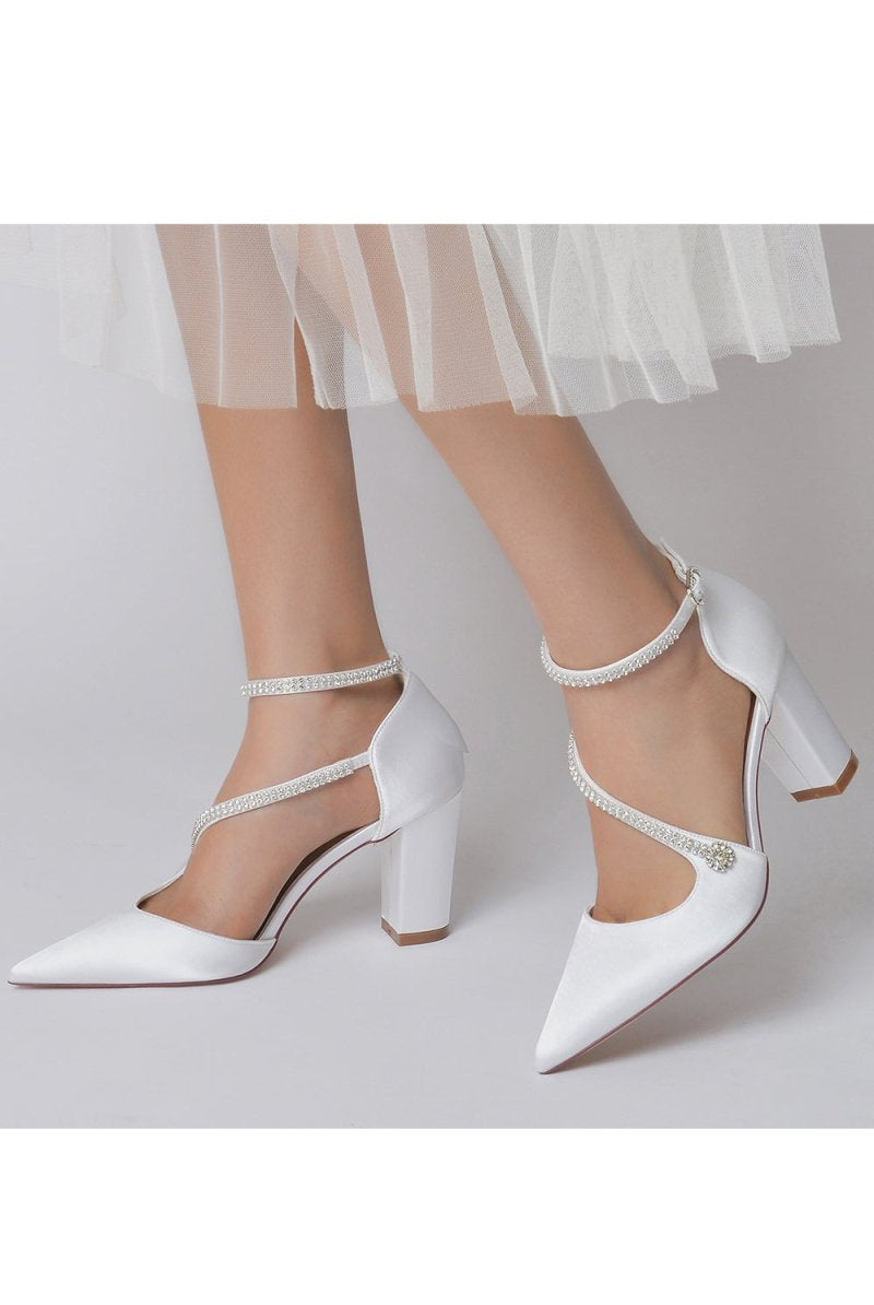 White Satin Pump with Cross - Strap and Beaded Buckle - KissProm