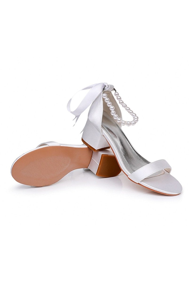 Single Strap Chunky Heels Sandals with Beaded Ribbons - KissProm