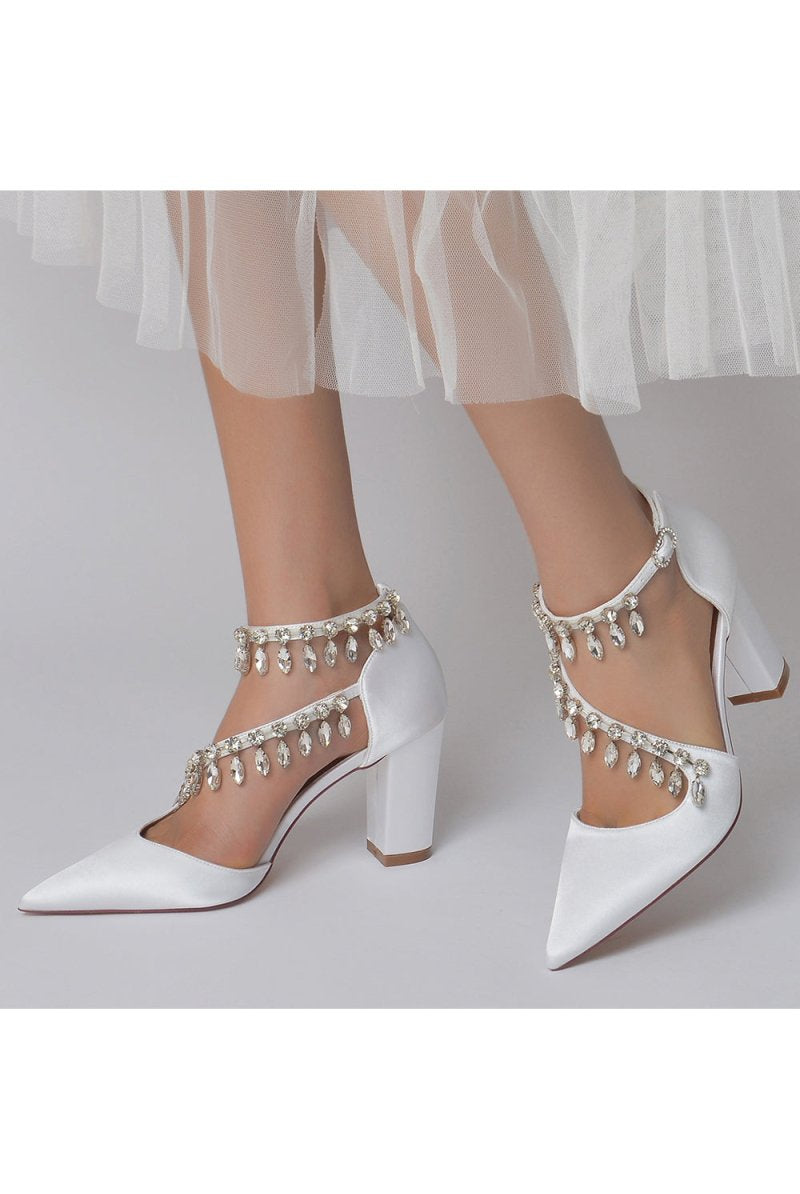 White High Heels with Chain and Crystal Accent - KissProm